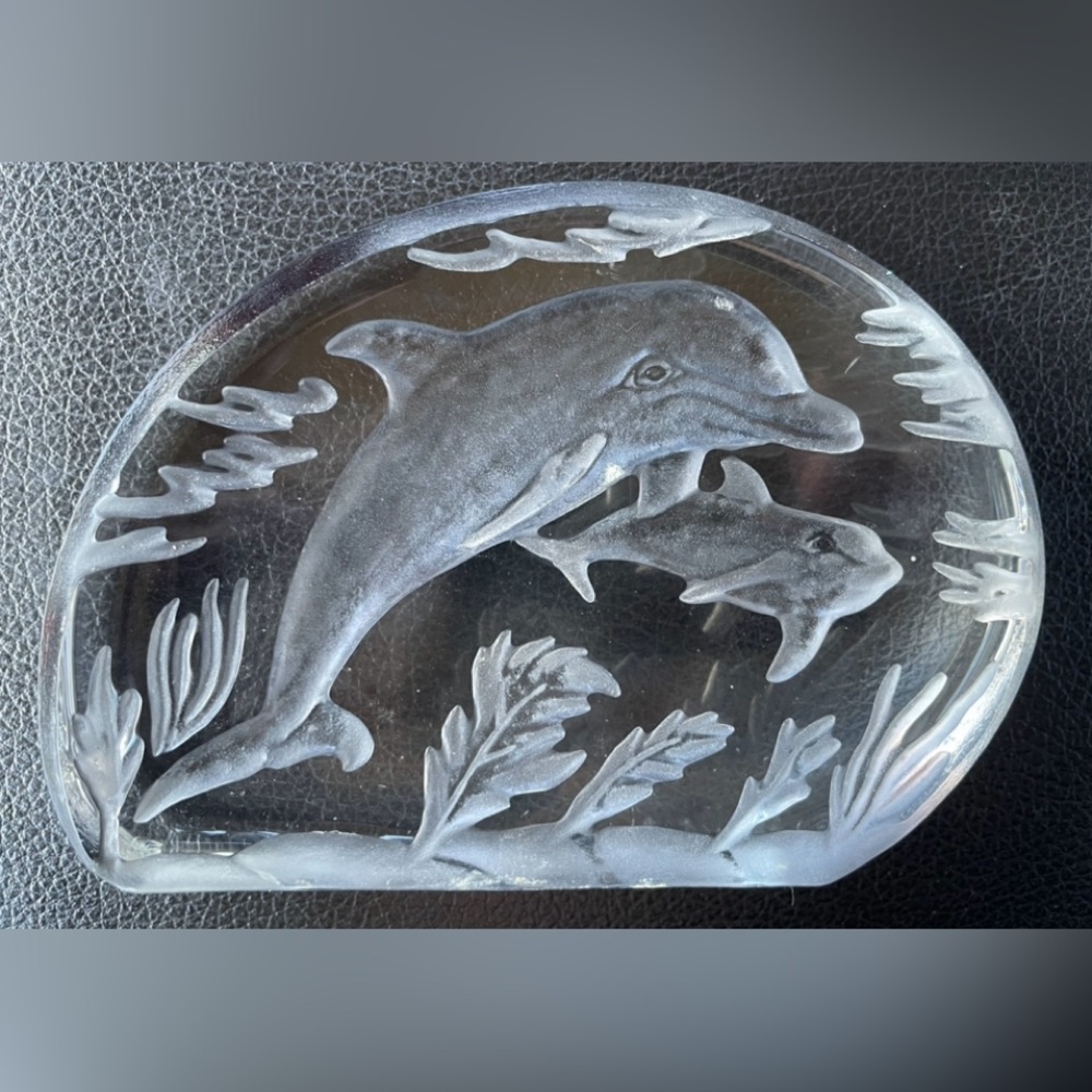 Vintage Sarmis Royal CrownRomanian Crystal Dolphin art glass Paperweight Romania